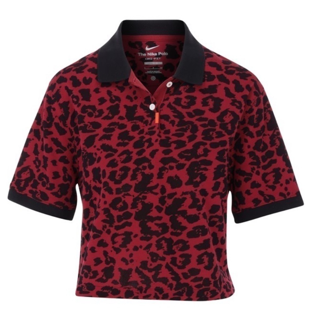 New Nike Polo Short Sleeve red black Leopard Print shirt crop length large nwt